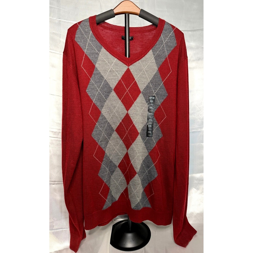 APT 9 Red Gray Argyle V Neck Sweater XXL Preppy Classic Golf Dad NEW